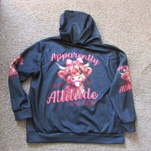 NEW Highland Girlie Cow Attitude Gray Full Zip Hoodie Sweatshirt 1X